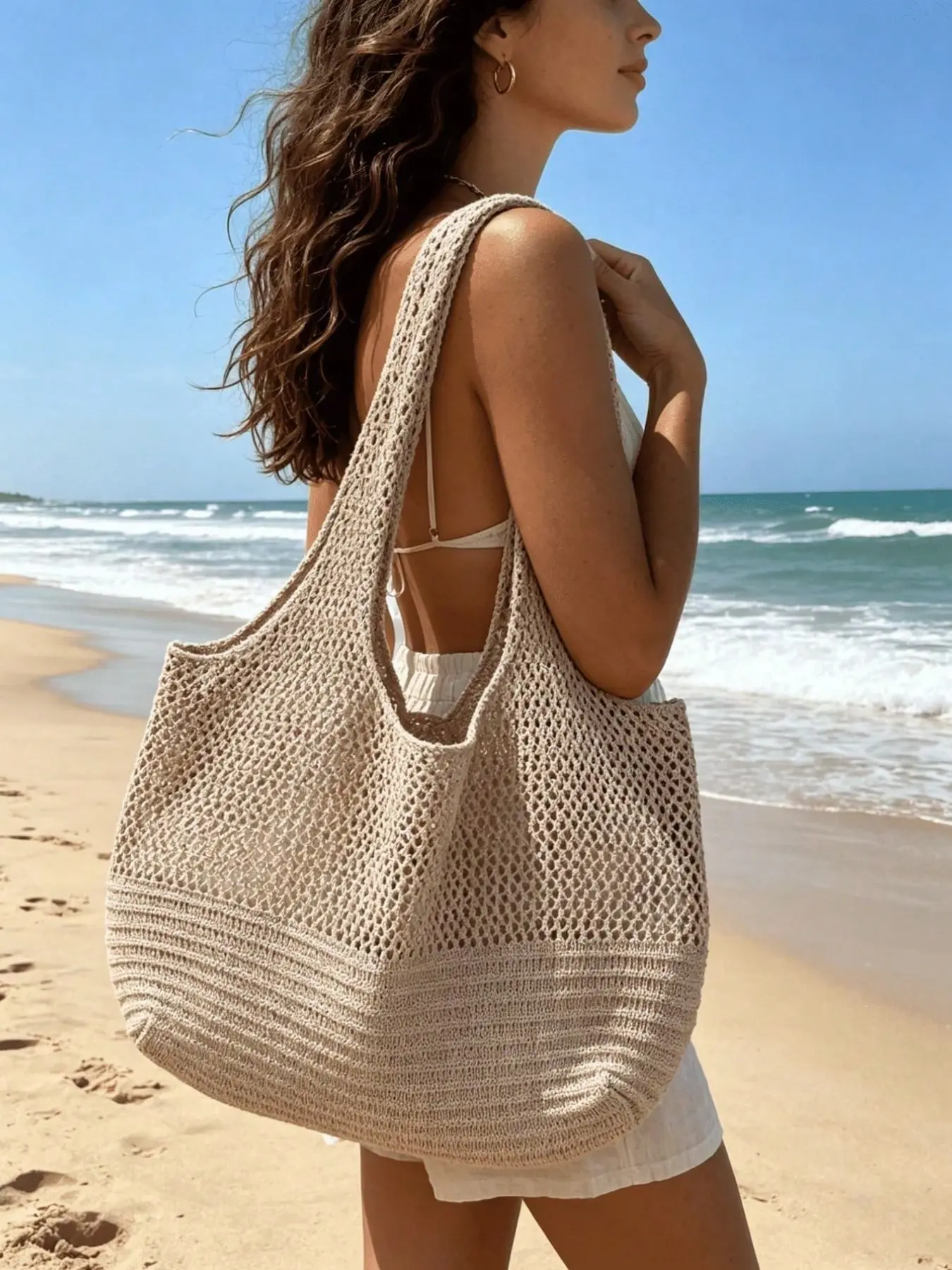 Women'S Tote Bag Solid Color Large Capacity Knitted Bag Summer Seaside Beach Bag Crochet Woven Bag, Women'S Handbag, Shoulder Bag, Holiday Travel Bag, Lunch Bag, Women'S Travel Essentials, Suitable for Students And Professional Women