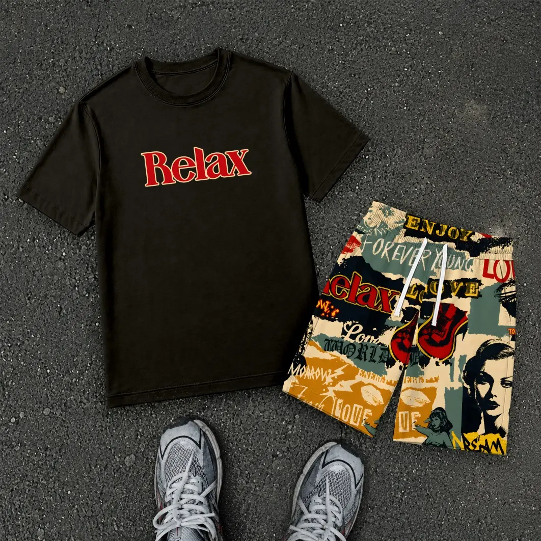 Men’s "Relax"-Retro Poster Graphic T Shirt and Shorts Set, Italy Inspired 2 Piece Matching Outfit with Short Sleeve Tee and Elastic Waist Drawstring Shorts, Soft Breathable Summer Set for Holiday, Street Style, Travel, and Everyday Wear