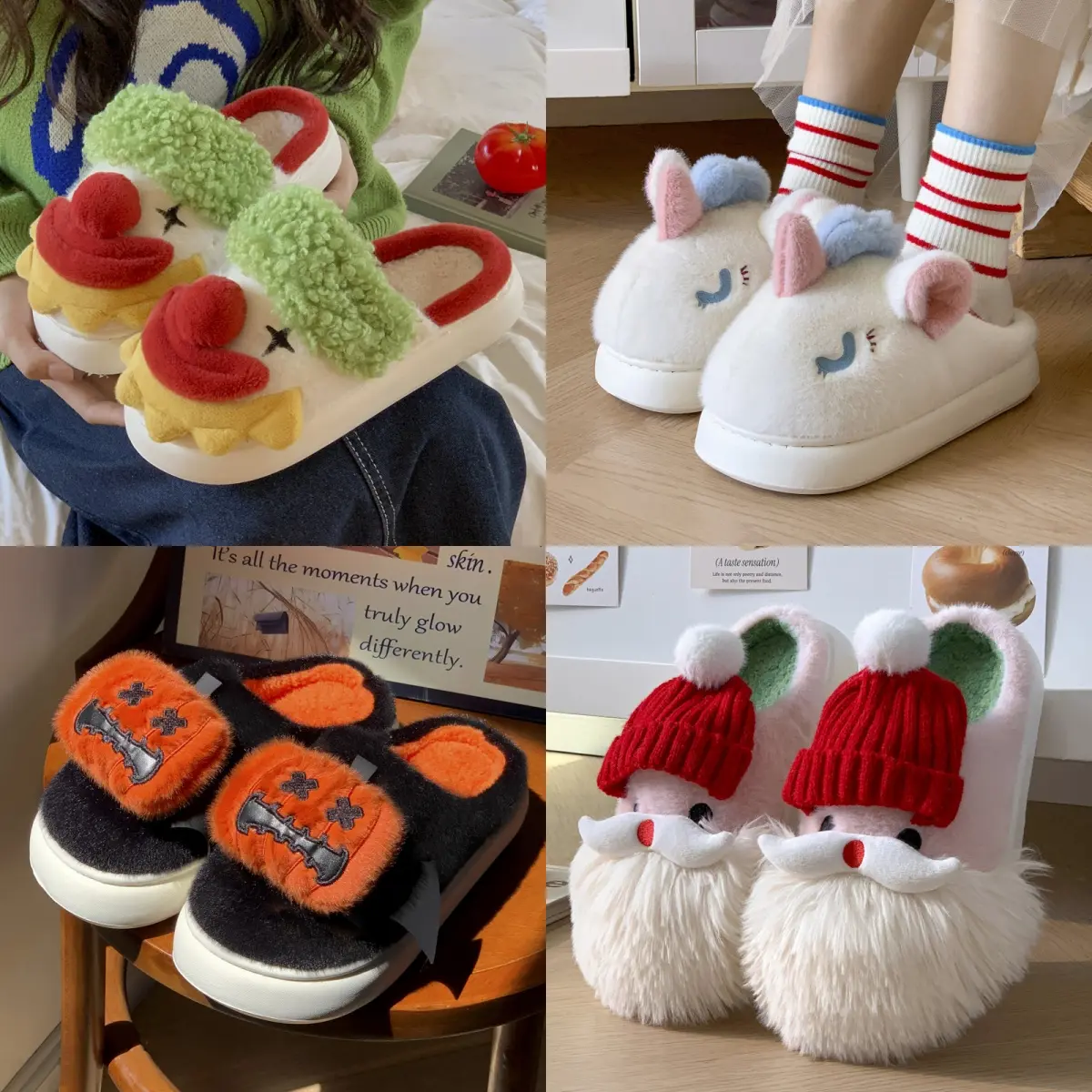 Halloween Christmas Slippers Gift Cute Cartoon Plush Closed Toe fluffy House fashion Slippers Funny Clown Unicorn Pumpkin Santa  Fuzzy Warm Indoor Footwear Thick Sole Anti‑slip Soft Home Shoes For Bedroom Winter Holiday Cosplay Gift Casual breathableslide