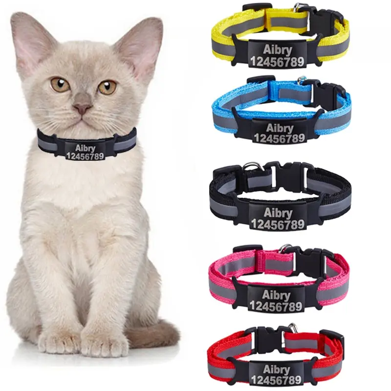 [MsTang]Custom ID Name Tag Cat Collar Bell Necklace Safety Reflective Nylon Kitten Cat Collar Personalized Engraved Nameplate