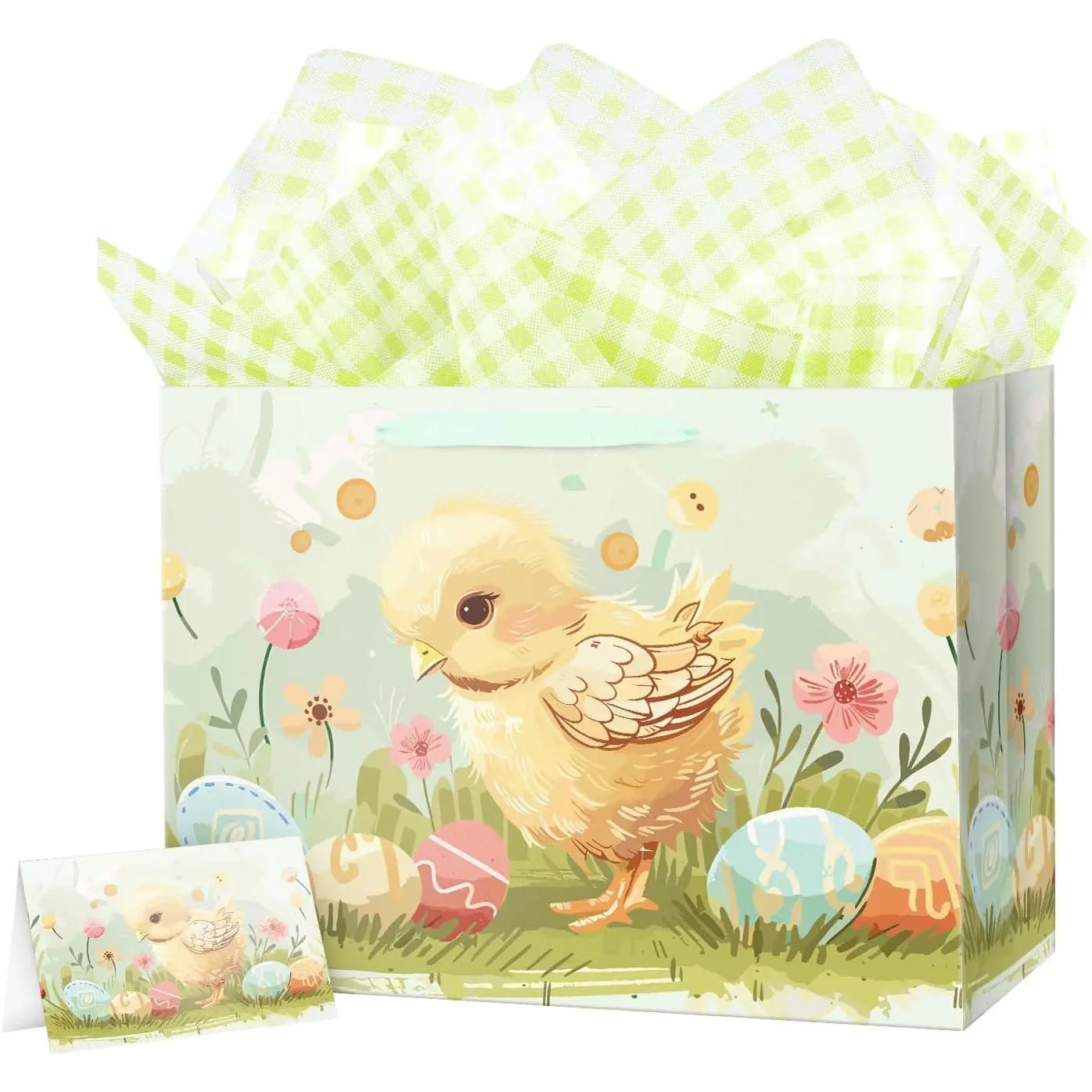 Large Easter  Bag with Tissue Paper 15.6" Egg Chick Design 1 Pack