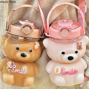 40oz Cute Bear Water Bottle with Straw, Large Capacity Kawaii Tumbler with Adjustable Shoulder Strap and Handle, One-Touch Flip Lid Leakproof Travel Cup for School, Gym, Office and Outdoor Activities, Trendy Hydration Gift for Girls and Women