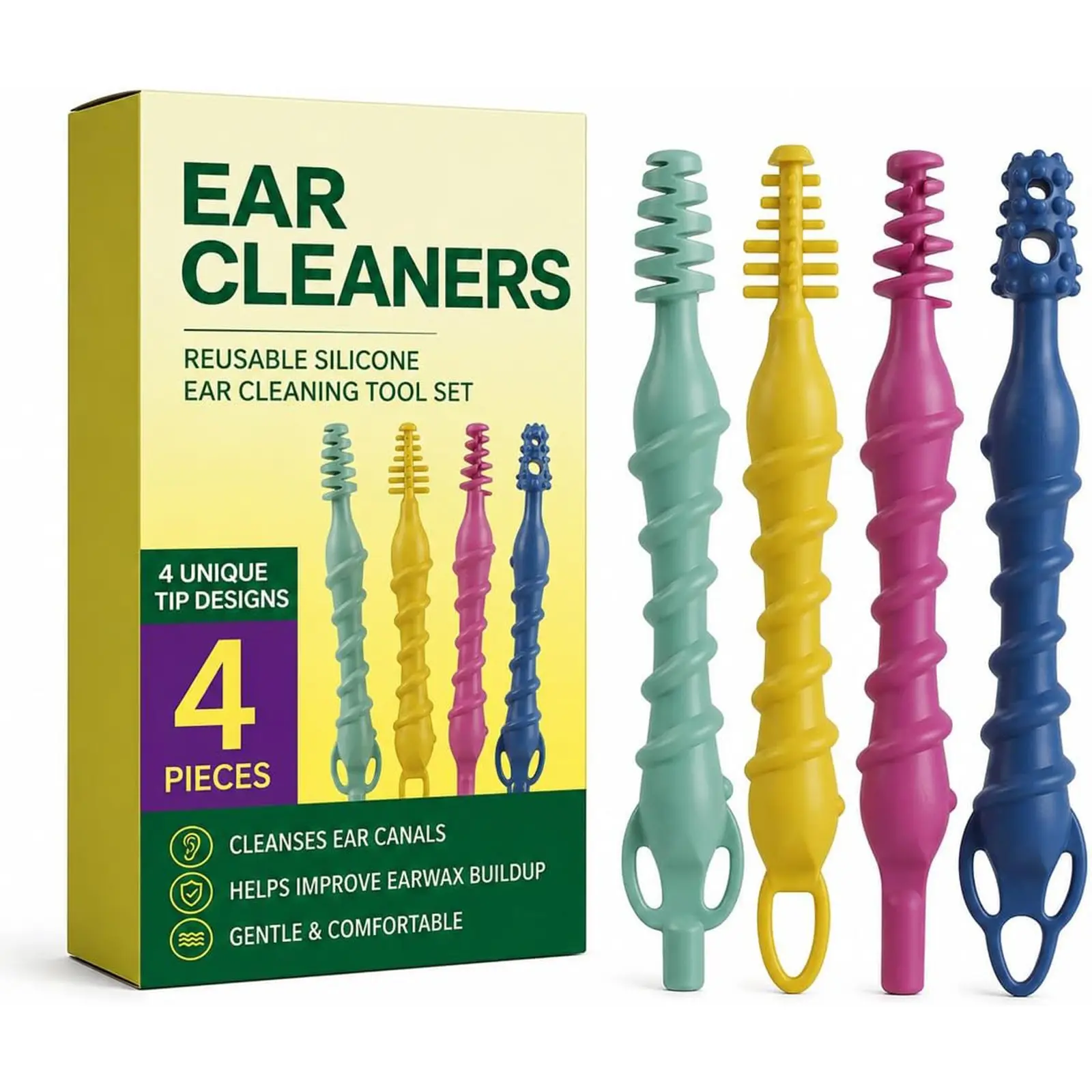 4 Pcs Silicone Ear Wax Removal Tool Set, Reusable Ear Cleaners with Spiral and Scoop Tips, Washable Ear Pick Kit for Adults, Portable Outer Ear Cleaning Tools