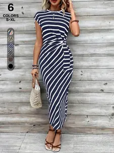 Summer Fashion Twist Front Maxi Dress | Short Sleeve Bodycon Midi with Pockets | Chic Urban Loungewear in Solid & Classic Prints for Home & Travel