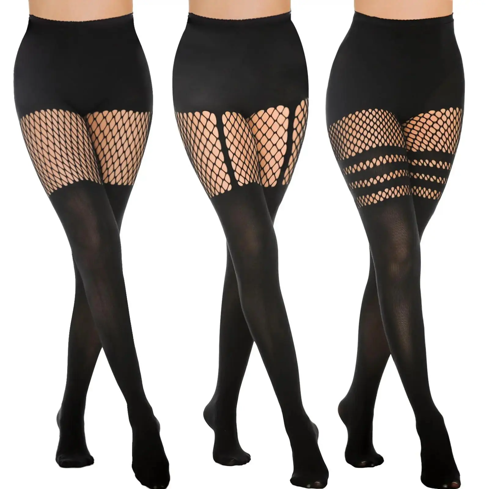 Women's 3-Pair Illusion Lace Suspender Fishnet Pantyhose - Mock Thigh-High, Magic Leg-Lengthening, Stretchy See-Through Tights with Italian Tencel, Stripes/Plain Options, for 198lbs or Less, Club Party Daily Outfit