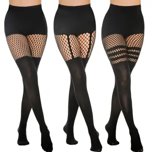 Women's 3-Pair Illusion Lace Suspender Fishnet Pantyhose - Mock Thigh-High, Magic Leg-Lengthening, Stretchy See-Through Tights with Italian Tencel, Stripes/Plain Options, for 198lbs or Less, Club Party Daily Outfit