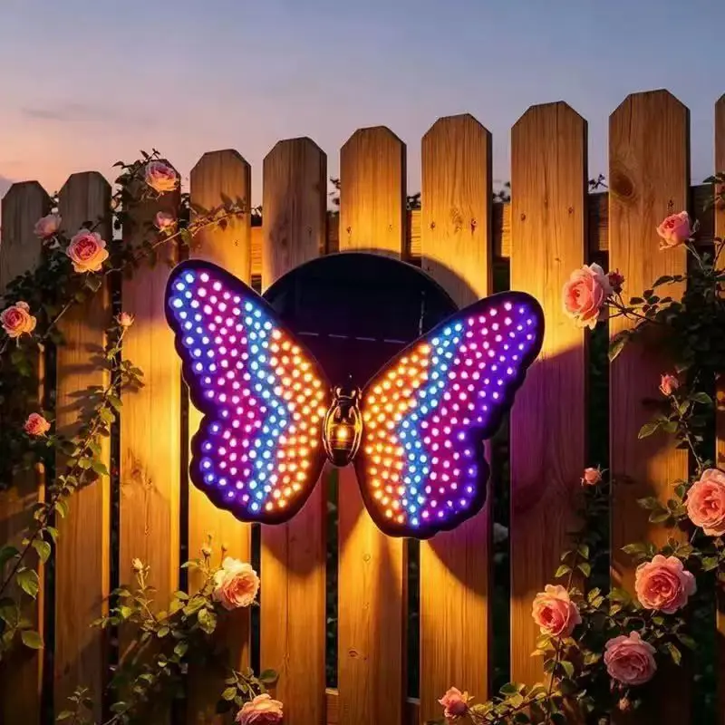 Solar Butterfly Garden Decor Lights, waterproof wall-mounted design, automatic day-night illumination with vivid dynamic lighting effects. Suitable for courtyards, patios, walkways, porches and lawns, Waterproof Garden Lamp.