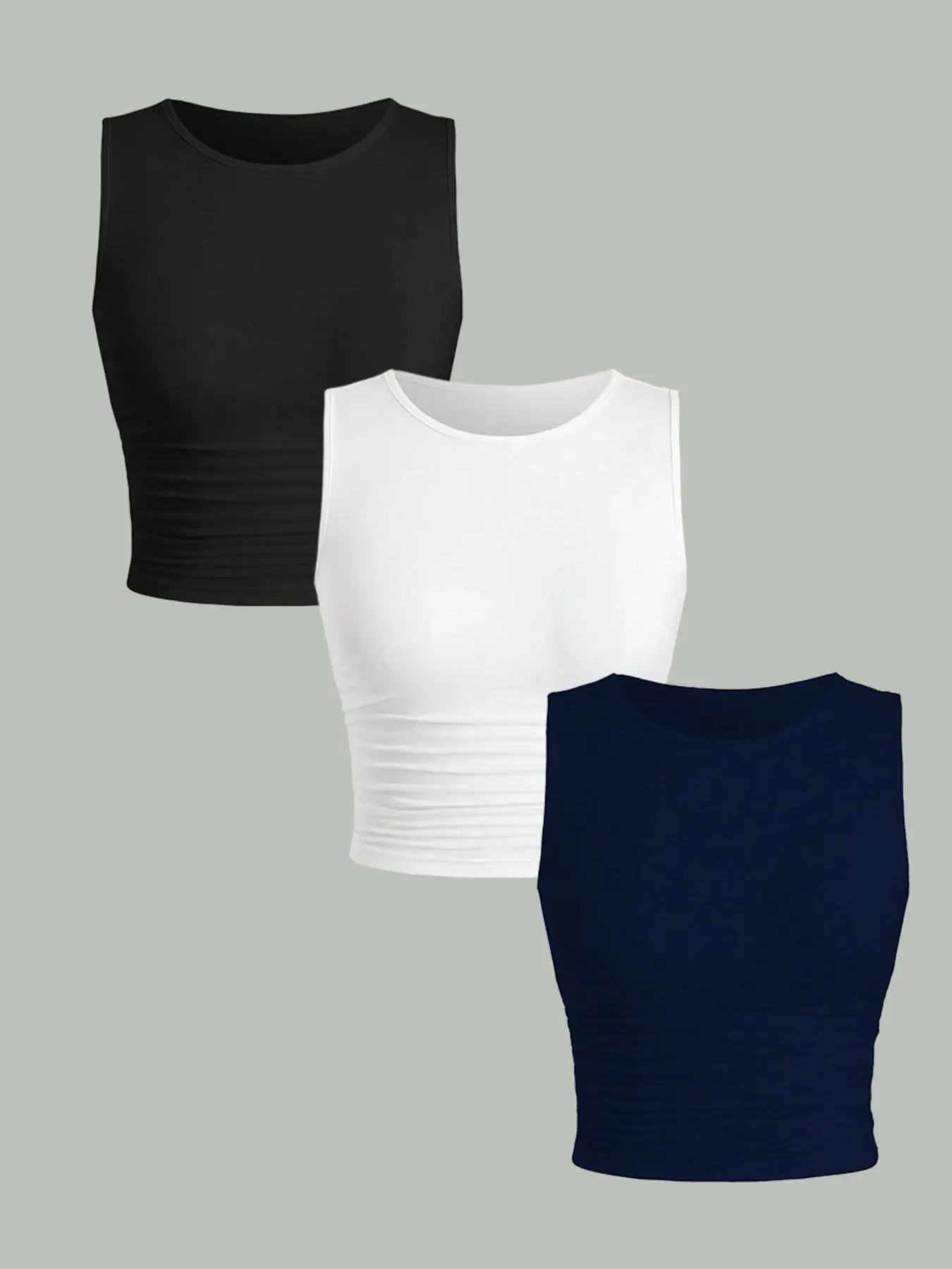 3-Piece Women's Summer Sleeveless Fitted Short Round Neck Solid Pullover Tank Top Set, Side Pleat Basic Tank, Slimming Versatile Cute Tank, Ideal for Vacation Daily Wear