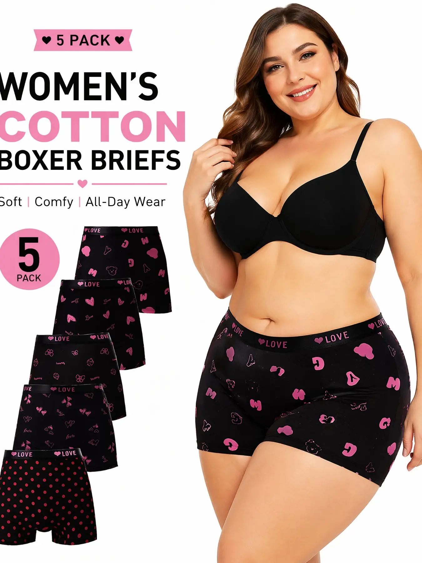 5-Pack High-Waisted Plus Size Underwear, Comfortable Fashion Design, Solid & Printed Patterns, Breathable Fabric, Non-Slip Fit