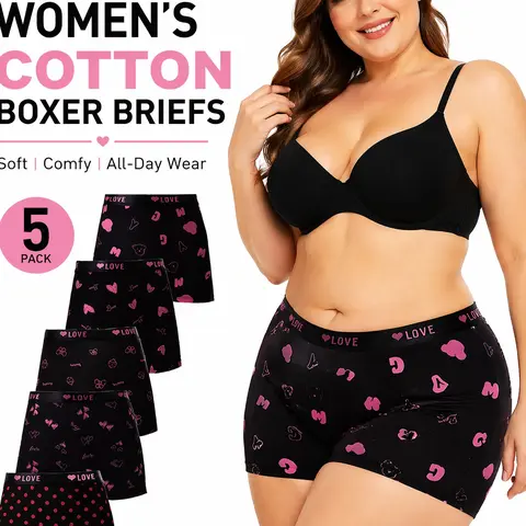 5-Pack High-Waisted Plus Size Underwear, Breathable Non-Slip Fit, Printed Patterns, Comfortable Design