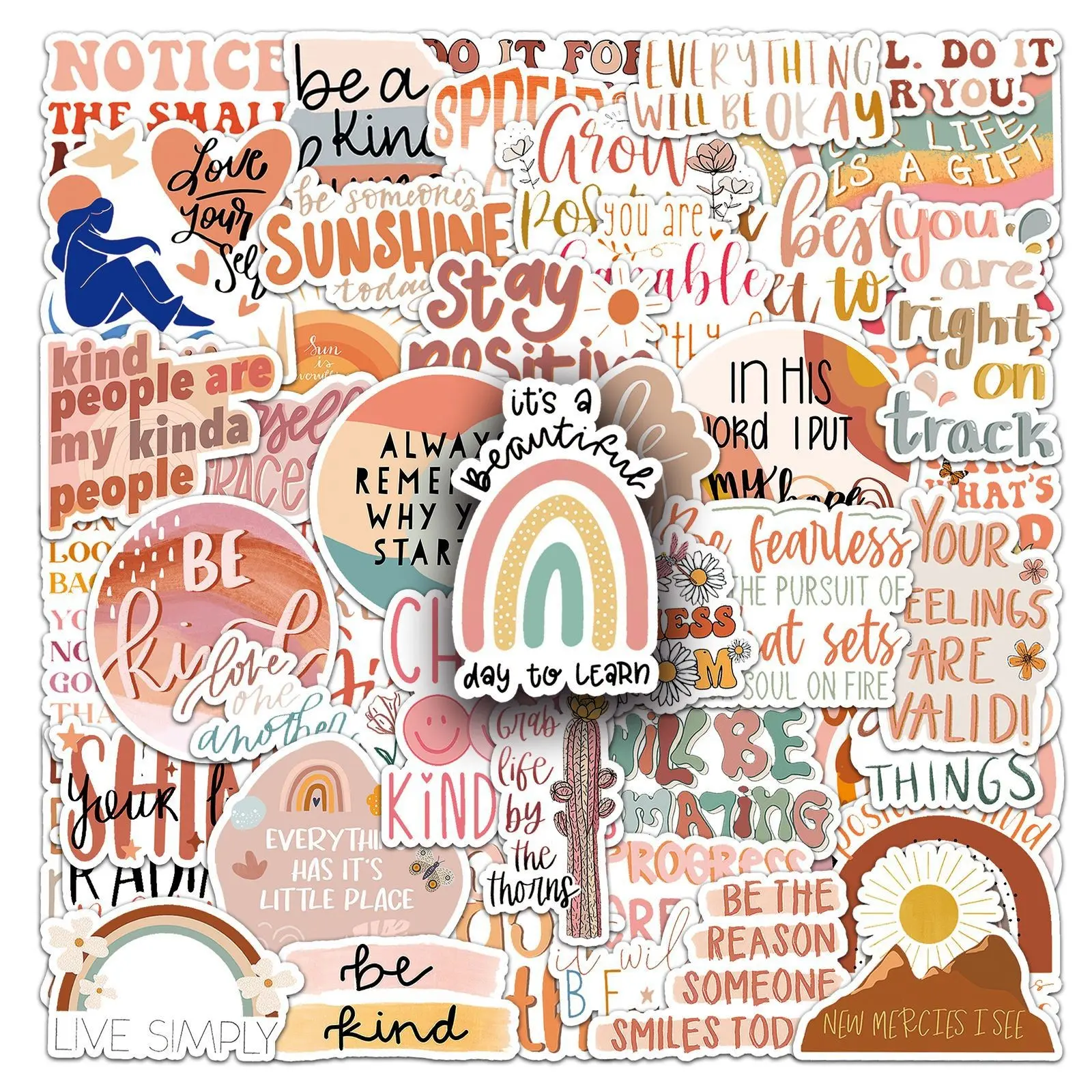 50 Bohemian Motivational English Stickers, Simple Abstract Lines, Retro Western Aesthetics, Waterproof Decorative Stickers for Water Bottles, Computers, Phones, Skateboards