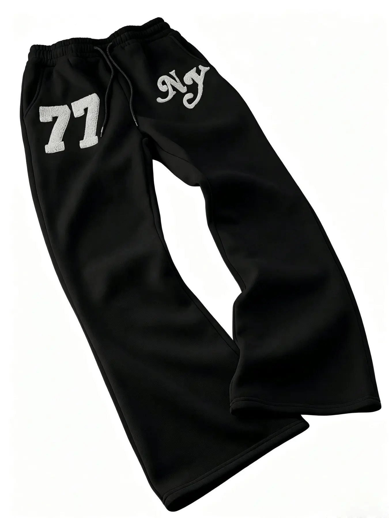 Vintage Black Wide Leg Sweatpants Men NY Cursive Letter & 77 Number Towel Embroidery Elastic Drawstring Loose Y2K Hip Hop High Street Trousers