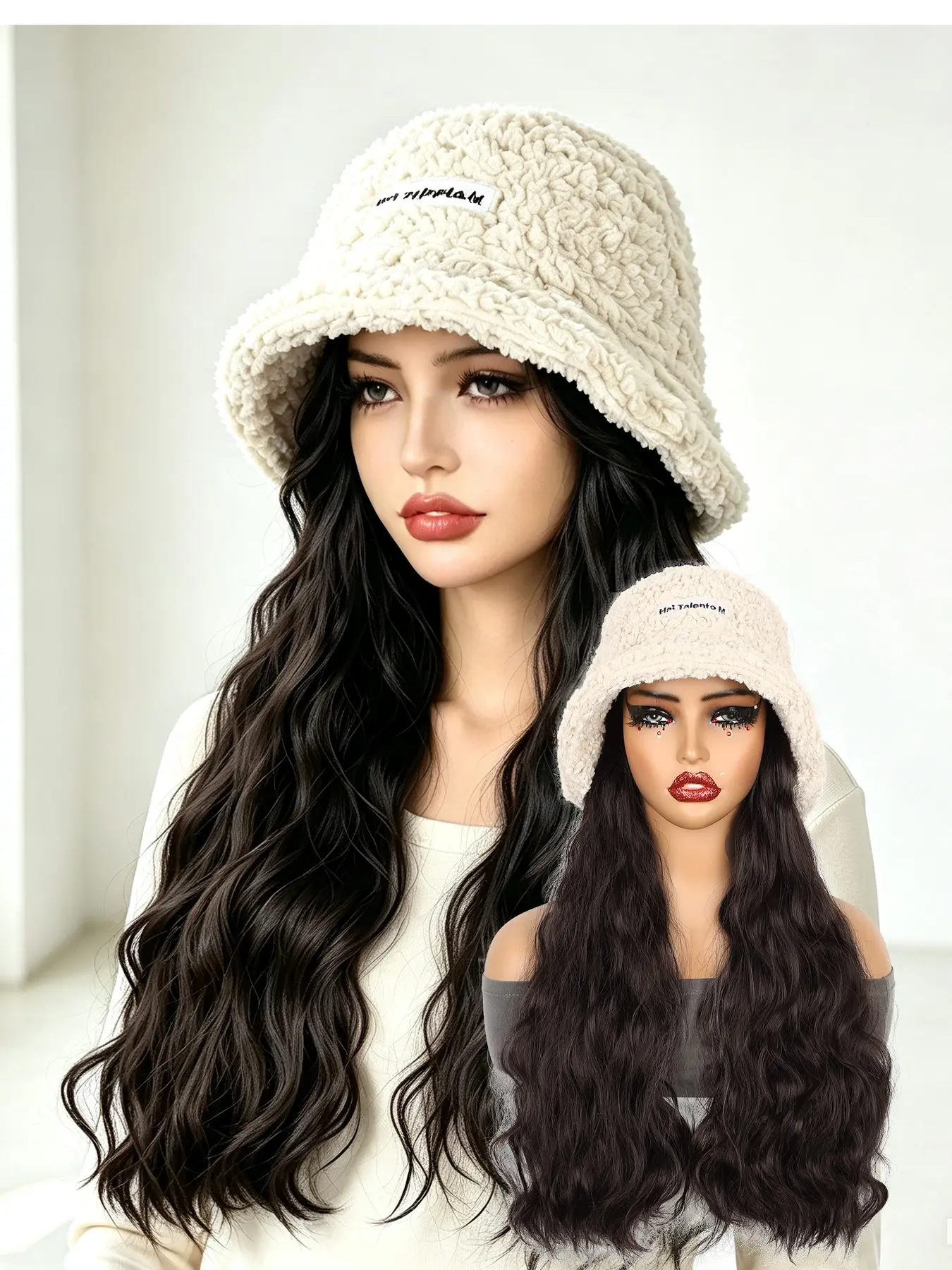 16 Inch Water Wave Synthetic Wig Hat, Deep Brown Wavy Curly Hat Wig for Women, Integrated Beige Fleece Bucket Hat Wig, Natural Fluffy Hair, Lazy One‑Piece Wig for Autumn Winter Daily Wear Party