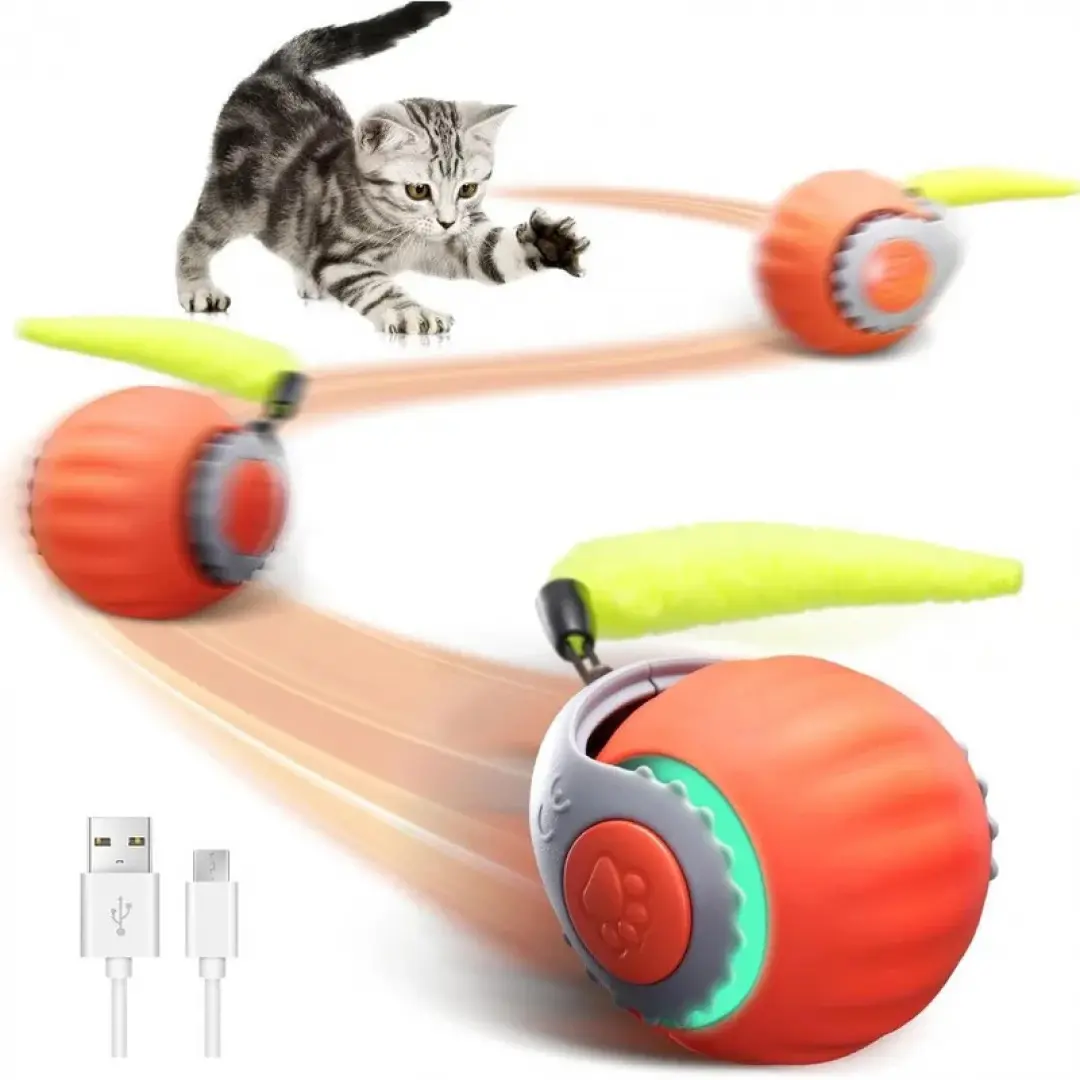Automatic Feathered Tail Design Self-Entertaining Ball, Smart Electric Dog & Cat Ball/Chaser Toy with Plant Fibers, Durable Universal-Size Relieves Boredom Tool for All Seasons