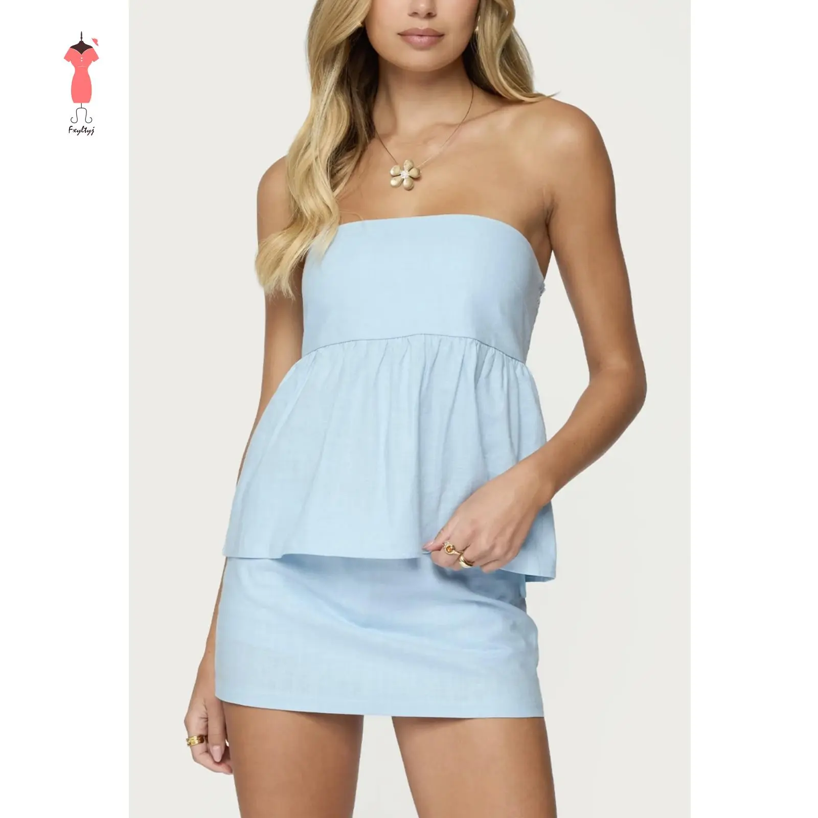 Women's 2-Piece Skirt Set - Summer Strapless Ruffled Tube Top and Fitted Polyester Short Mini Skirt, Fashion, Tube Tops, Strapless Neck