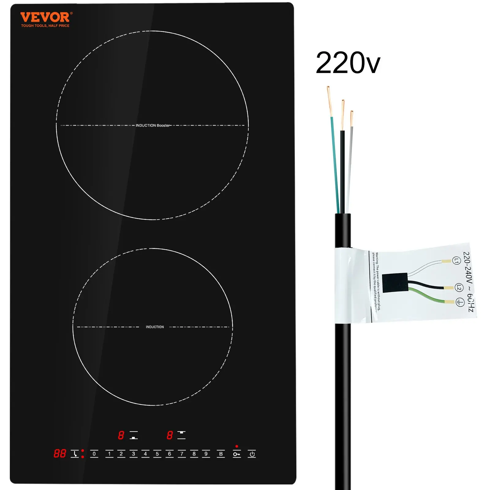 VEVOR Electric Cooktop, 2 Burners, 12'' Induction Stove Top, Built-in Magnetic Cooktop 3000W, 9 Heating Level Multifunctional Burner, LED Touch Screen w/ Child Lock Over-Temperature Protection