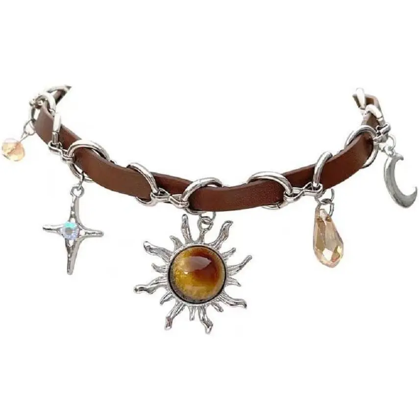 Gothic Boho Celestial Sun Choker Brown leather Choker Bohemian Goth Necklace  Rhinestone Halloween Christmas   For Women