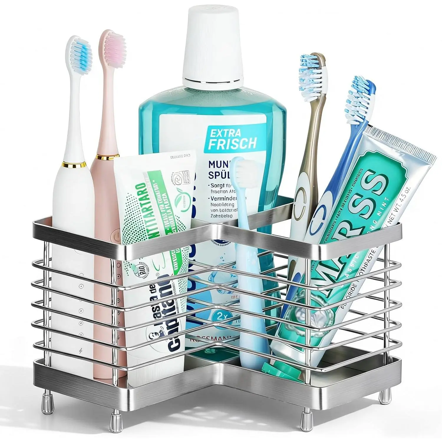 Toothbrush Holders for Bathrooms, Stainless Steel Toothpaste Organizer| Electric Toothpaste Holder Stand, Bathroom Accessories for Countertop, 3 Slots Silver