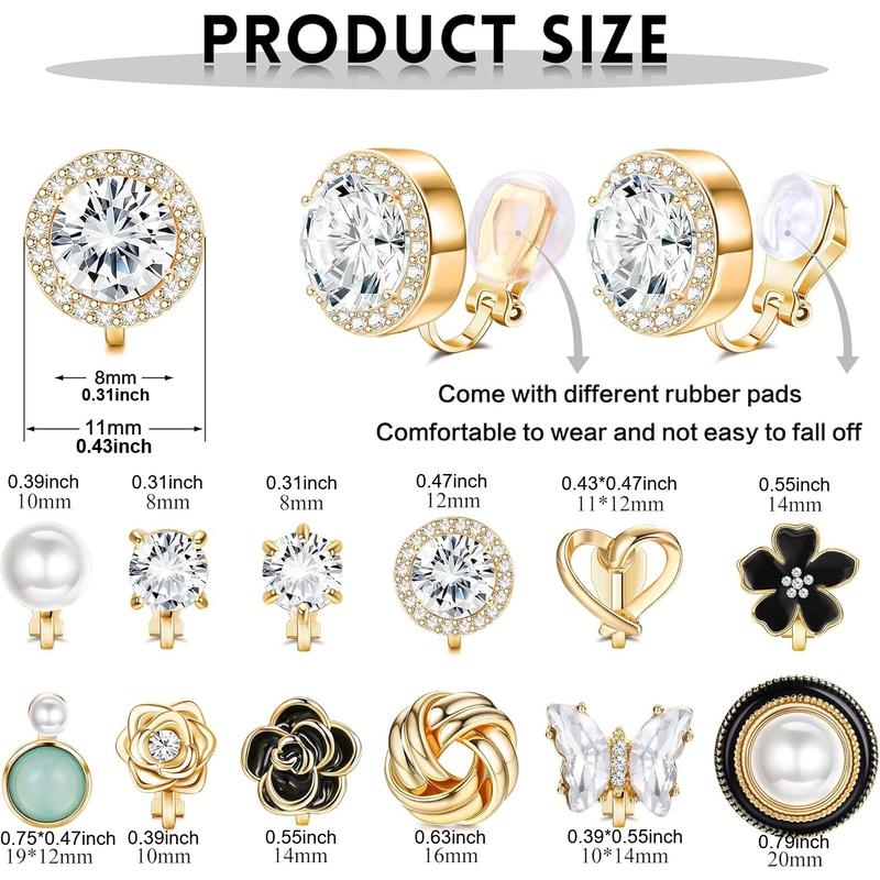 THUNARAZ 12 Pairs Retro Shining Ear Clips for Women Sparkling Crystal Clip Earrings Non Piercing Jewelry CZ Cute Butterfly Flower Pearl Clip on Stud Earrings Non Tarnish Jewelry Floral Men's Earrings Stack Goth Accessories for Christmas Gift