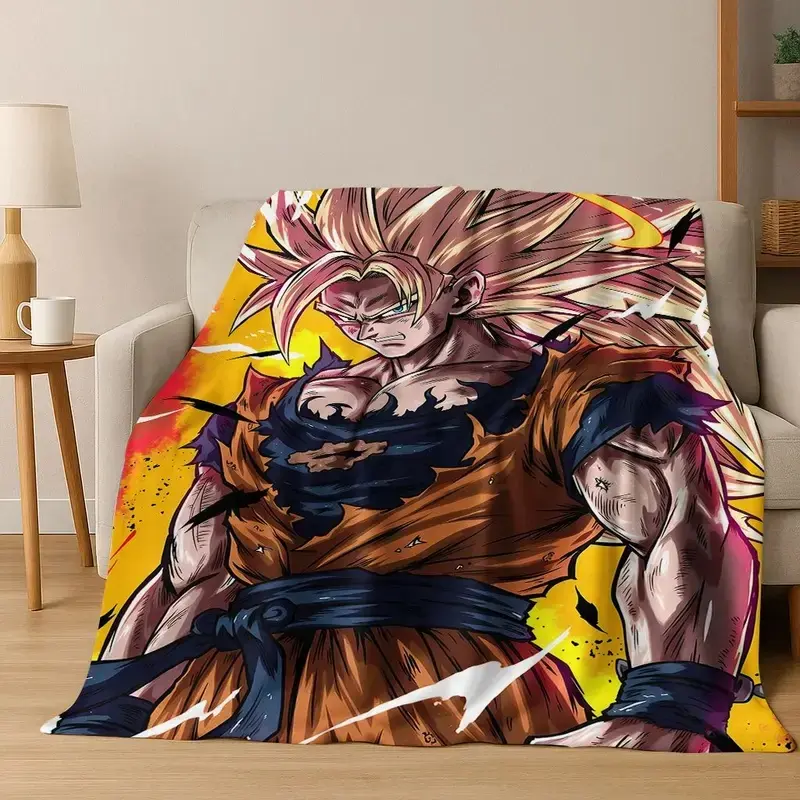 Dragon Ball Z Flannel Throw Blanket Super Saiyan 3 Goku Battle‑Damaged Torn Gi Intense Combat Manga Brush Stroke Art Yellow Red Explosion Background Anime Soft Fleece Blanket Sofa Bedroom Otaku Fan Decor Gift