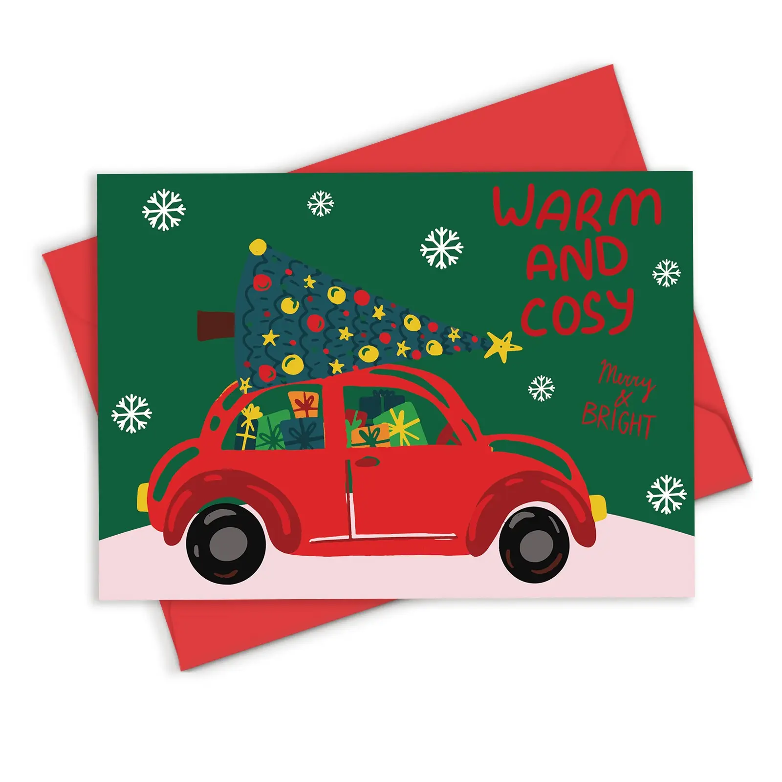 1 Count Dark Green Red Vintage Car Christmas Card, 5×7 Inch Warm Cosy Holiday Greeting Card With Red Envelope, Christmas Tree Gift Box Snowflake Design, Cute Xmas Gift Card For Family Kids Friends