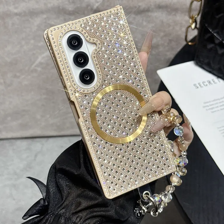 Compatible with Z Fold7/Z Fold6/Z Fold5/Z Fold4/Z Fold3 | Double-Sided Rhinestone Magnetic Phone Case With Wrist Strap Full Wrap Shockproof Large Fold Cover HNZ0484