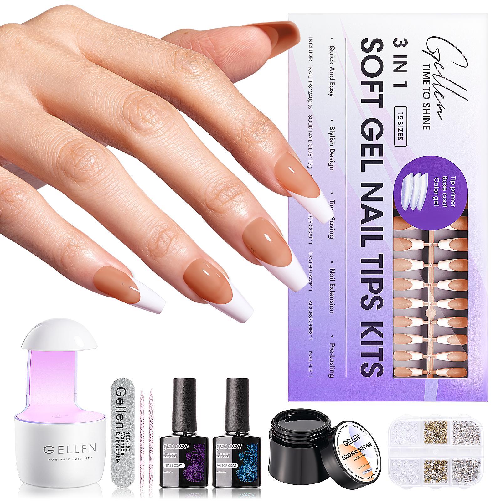 Gellen Complete French Tip Nail Kit – 240pcs, Gel top coat & base coat, UV lamp, Solid Nail Glue Nailartkits Polishset