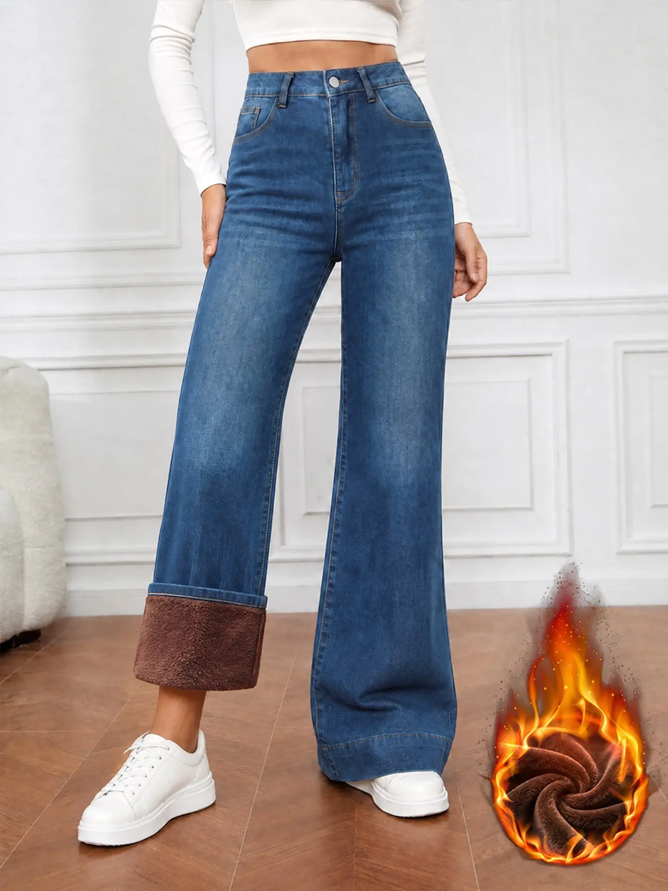 Women's Fall Winter Fleece Lined Thick Elastic Loose Jeans, Blue Wide Leg Warm Long Pants, Mid Waist Slim Fit Button Fly