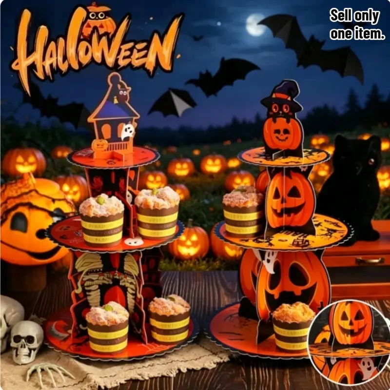 Halloween Multi-tier Pumpkin Cake Stand 3D Paper Cake Tray Ghost Festival Party Tabletop Decoration