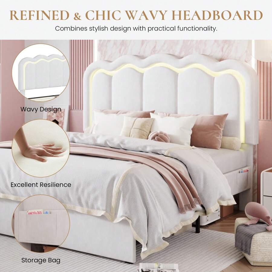 Twin/Full/Queen Upholstered Size Bed Frame With LED Lights, Adjustable Velvet Headboard With Wavy Design, Noise Free, Wooden Slats Platform Bed, Easy Assembly, No Box Spring Needed, White Twin/Full/Queen Upholstered Size Bed Frame With LED Lights, Adjustable Velvet Headboard With Wavy Design, Noise Free, Wooden Slats Platform Bed, Easy Assembly, No Box Spring Needed, White