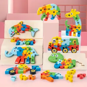Wooden Animal Puzzles for Ages 3+ - 3D Digital Puzzles, Color Interlock Blocks, Creative Assembly