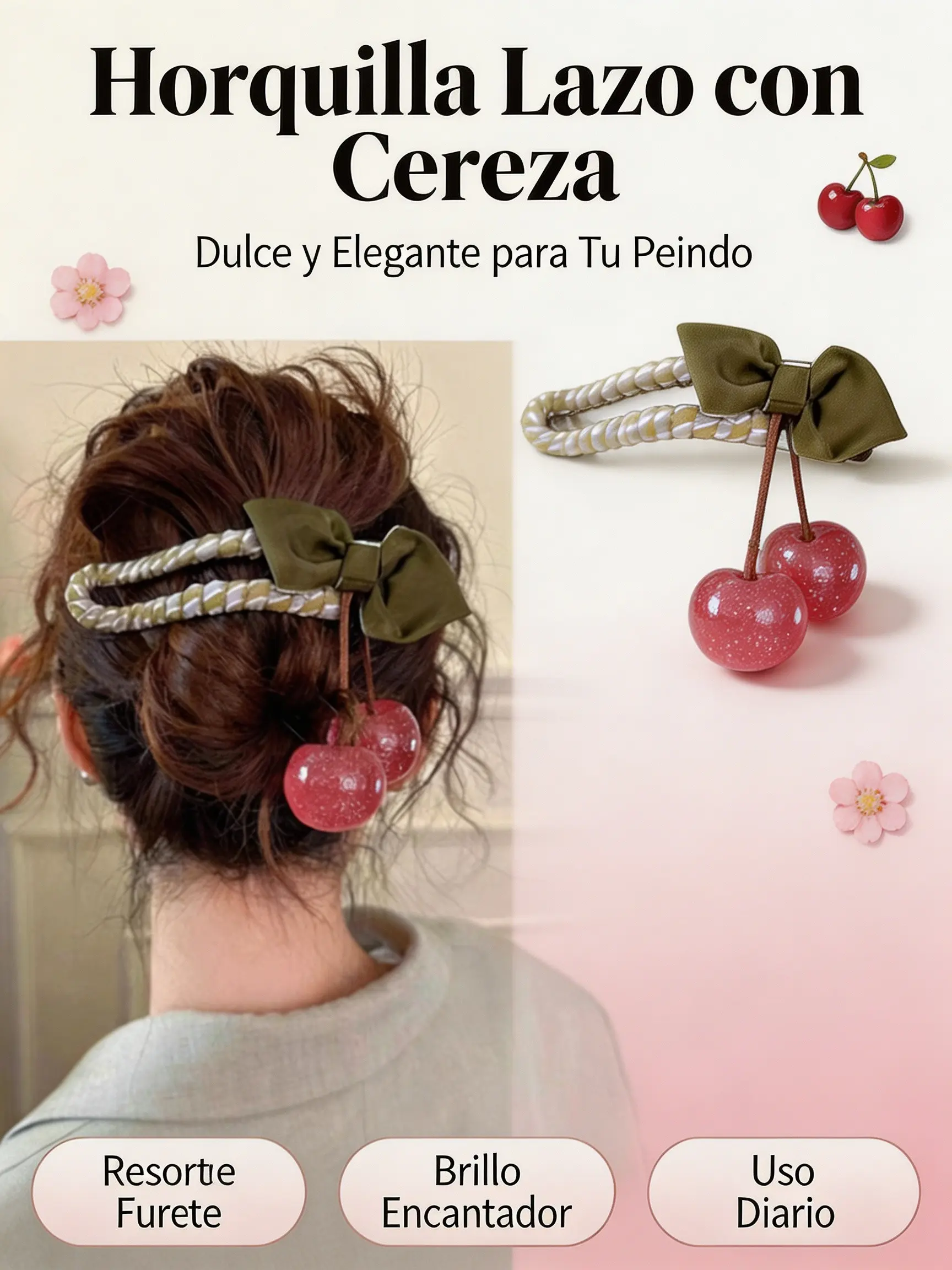 Sweet Cherry Bow Hair Clip, Vintage Fabric Non-Slip Horizontal Clip, Fashionable Women's Hair Accessory, Stylish and Trendy Design