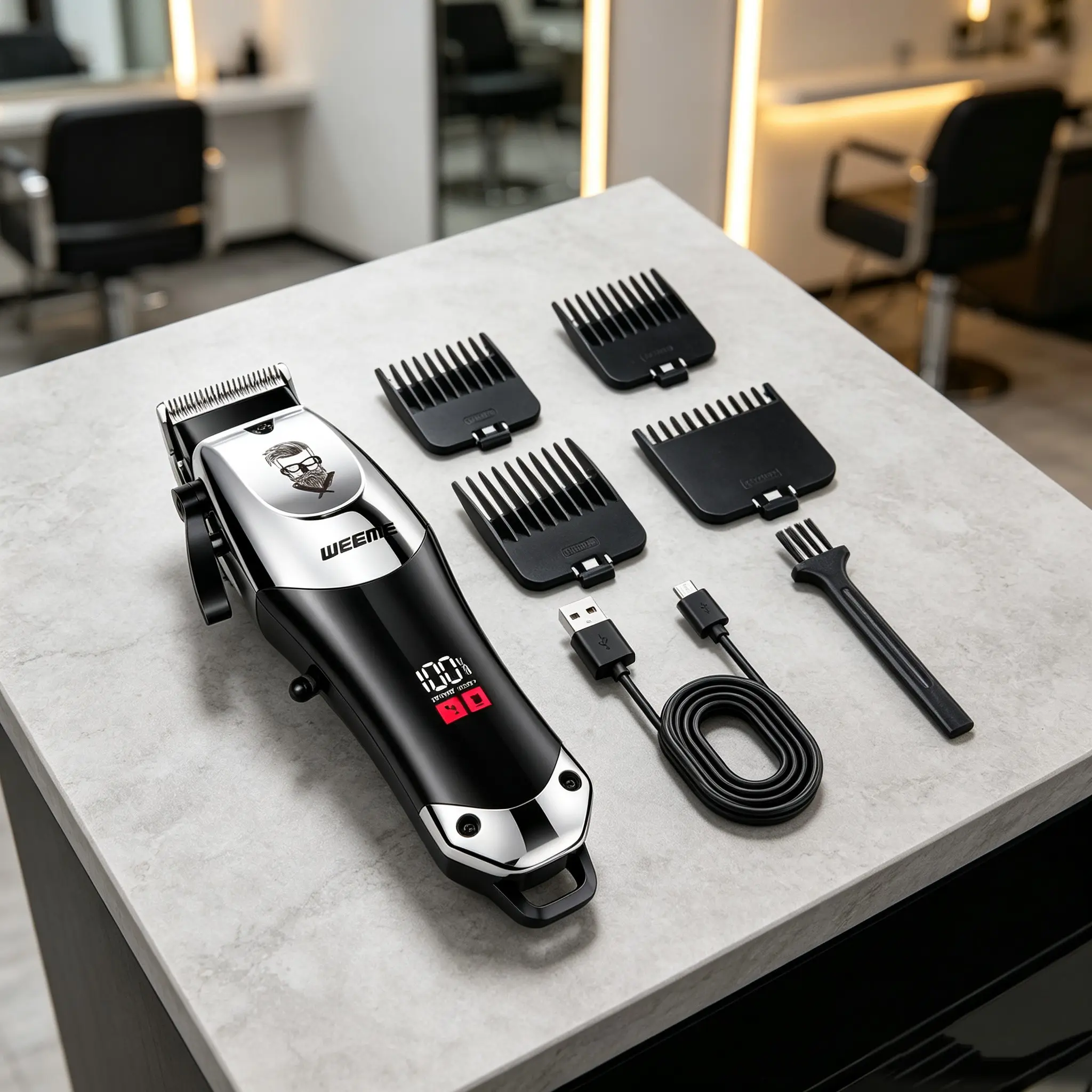 Weeme Silver Color Electric Hair Clipper, Men's Professional Trimmer, Includes 4 Guide Combs & 1 Brush, Ideal Gift, Model 810