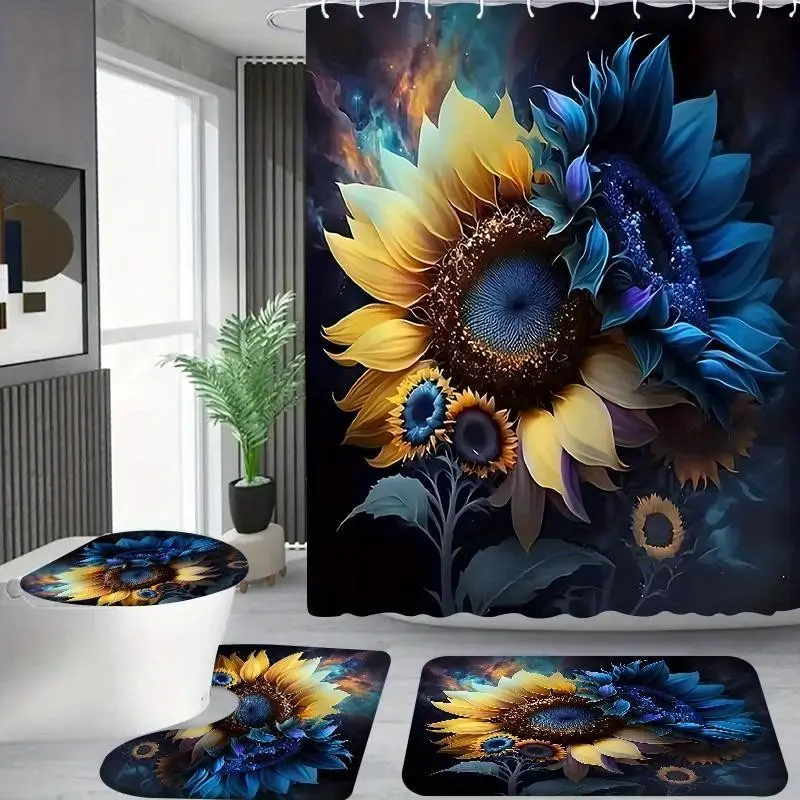 4pcs Yellow and Blue Sunflower Pattern, Apartment Bathroom, Shower Room Shower Curtain, Hotel Shower Curtain Set, with 12 Hooks, Bathroom Mat, Toilet Seat Mat and U-shaped Mat, Bathroom Accessories, Shower Curtain Set 4pcs