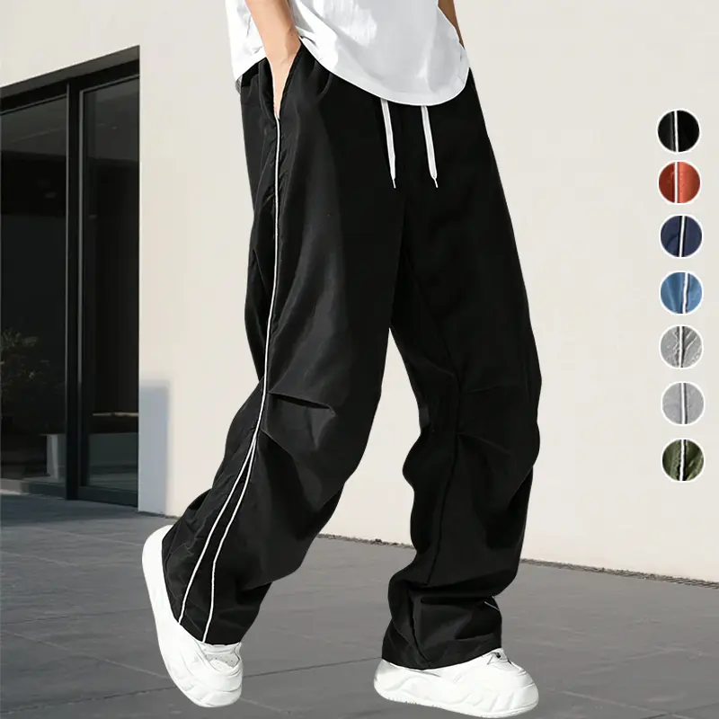 American style side double white stripe paratrooper pants men's summer thin quick drying wide leg pants pleated straight leg casual sports pants