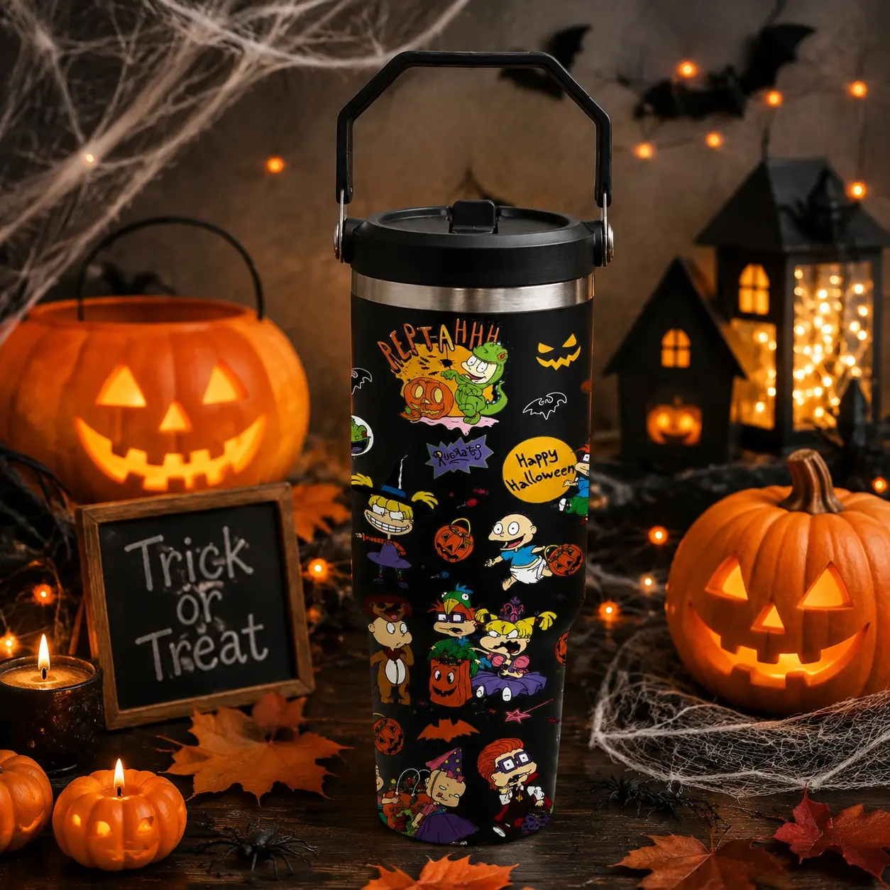 30oz Halloween Tumbler with Handle, Spooky Cartoon Monster Print Cup, Pumpkin Bat Graphic Stainless Steel Water Bottle, Insulated Vacuum Flasks, Fall Aesthetic Drinkware, Spooky Season Must Have, Trick or Treat Gift Idea, Viral TikTok Find