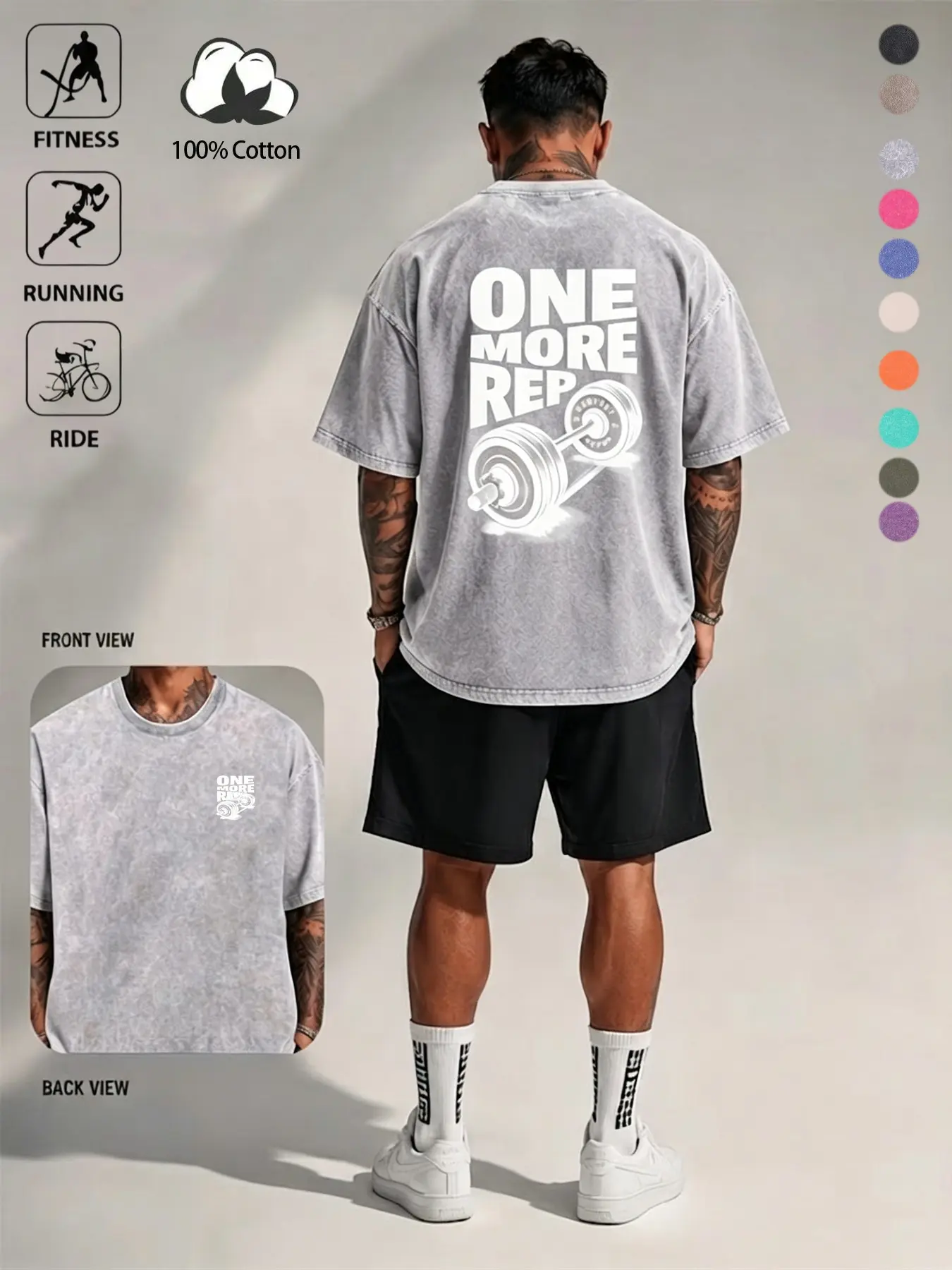 Men Vintage Washed 100% Cotton Oversized Gym T Shirt, Athletic Top, One More Rep Dumbbell Graphic Pump Cover Athleisure Streetwear Loose Fit Soft Breathable Workout Tee for Fitness Running Cycling Outdoor Daily Casual Outfits Multiple Colors