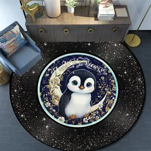Penguin in Space Round Pattern Large Area Floor Mat/rug for Home Decor and Halloween, Christmas, and Birthday Gifts - 1 Piece. DT78