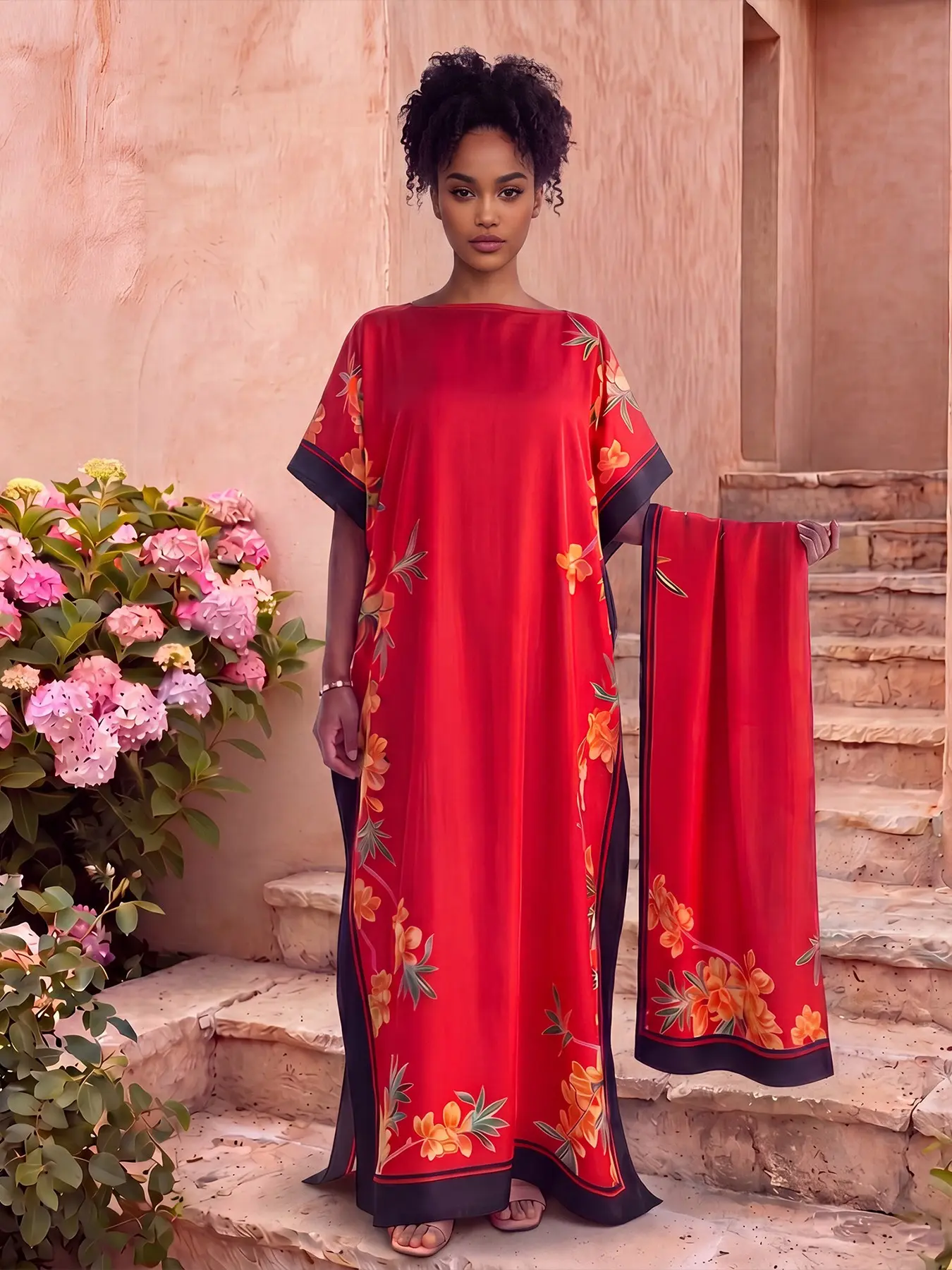 MOO MOO Women Red Floral Print Elegant Long Dress & Scarf Set, Bohemian Casual Shawl Dress with Matching Scarf, Loose Beach Outfit, Soft & Comfortable, All-Season Wear, Must-Have for Beach Vacations