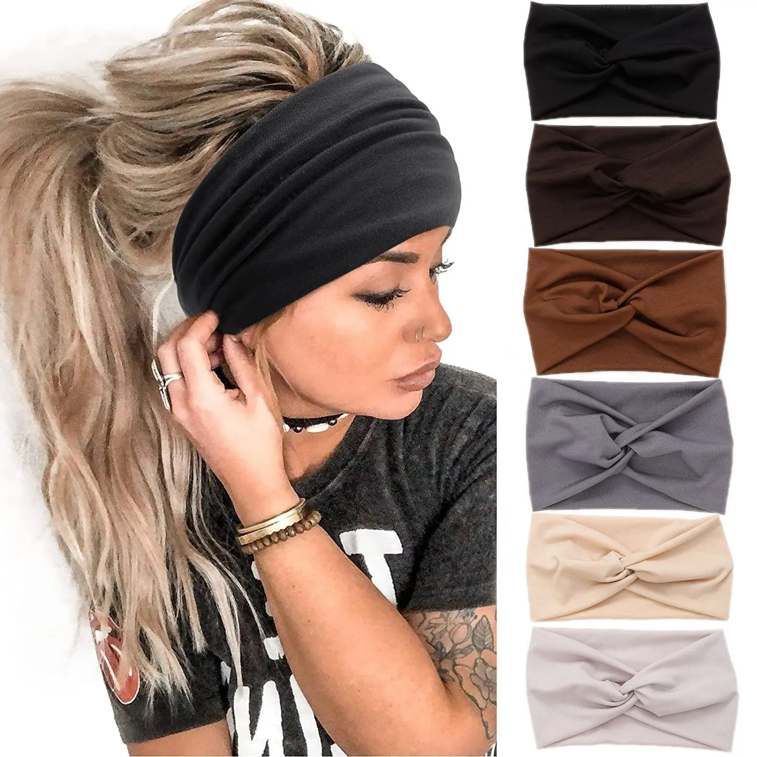 Women's Minimalist Wide Fashion Headbands, Solid Color Stretchy Breathable Fabric Hair Wraps for Workouts, Daily Sports & Bang Control, Workout Headbands, Gym Headband
