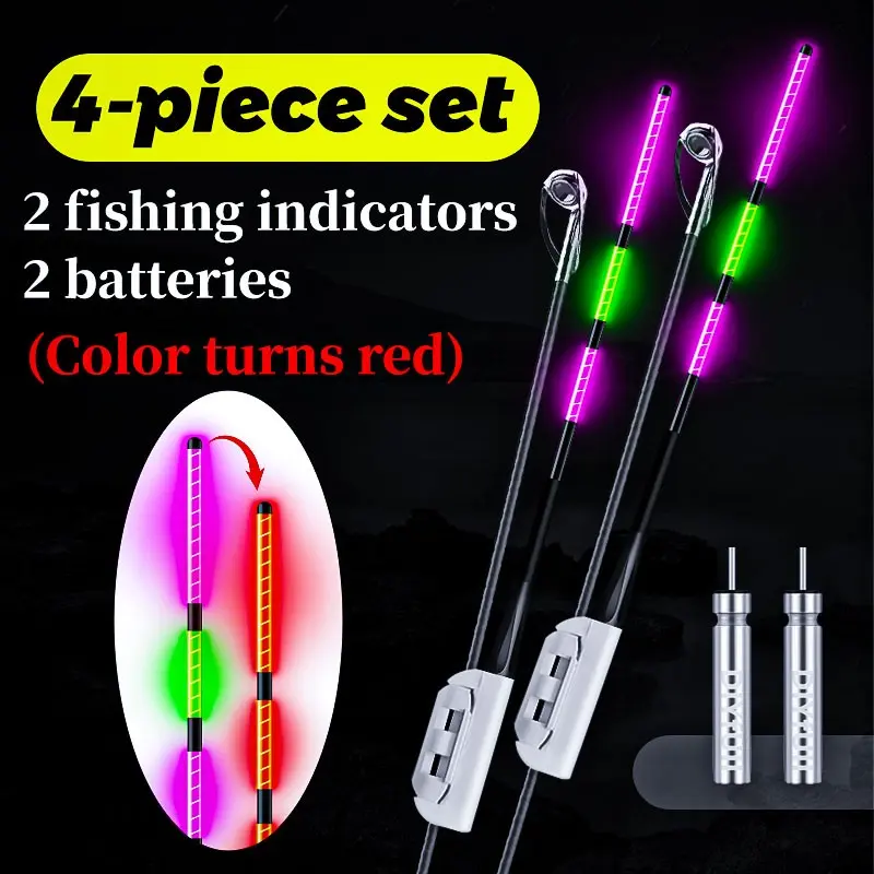 4-Piece Fishing Indicator Set, Night Vision LED Lights, Battery Included, Day & Night Use, Color Change Upon Bite Detection