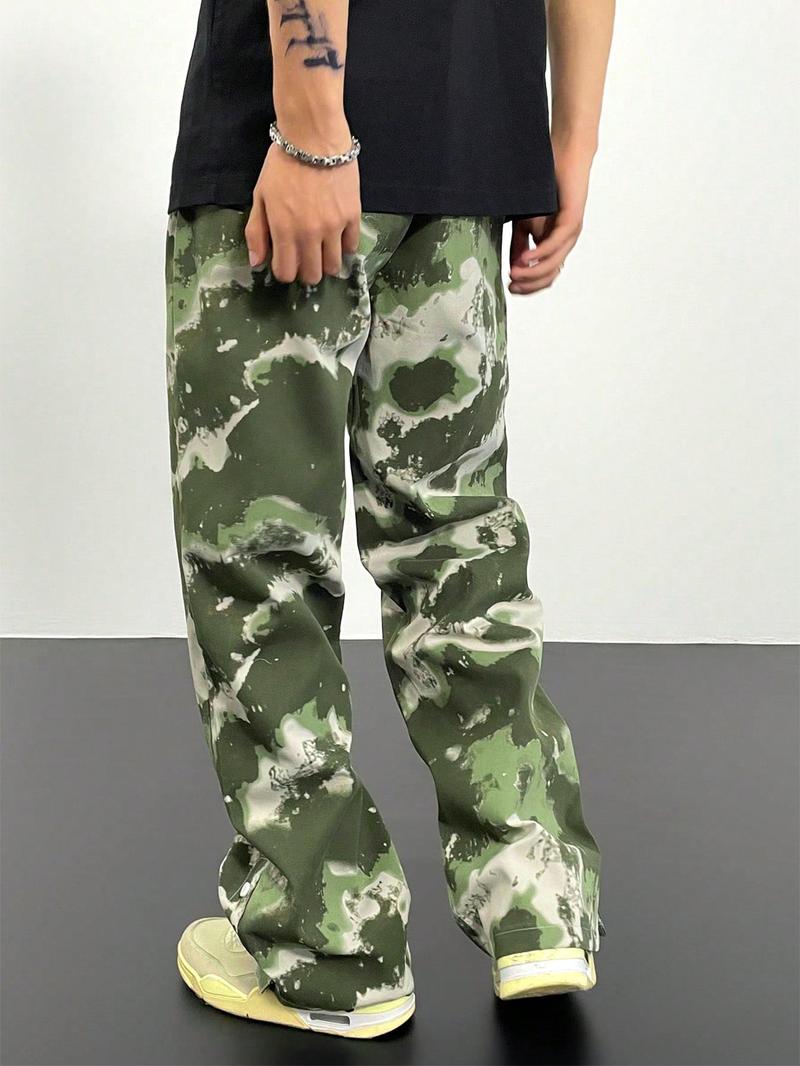 Menswear Loose Camo/Tree Print Drawstring Waist Pants, Casual Outdoor Pants, Casual Street Fashion Button Design Pocket Trousers for Daily Wear, Mens Bottoms for All Seasons, Earthtone Fallfreshness, Fall Gift