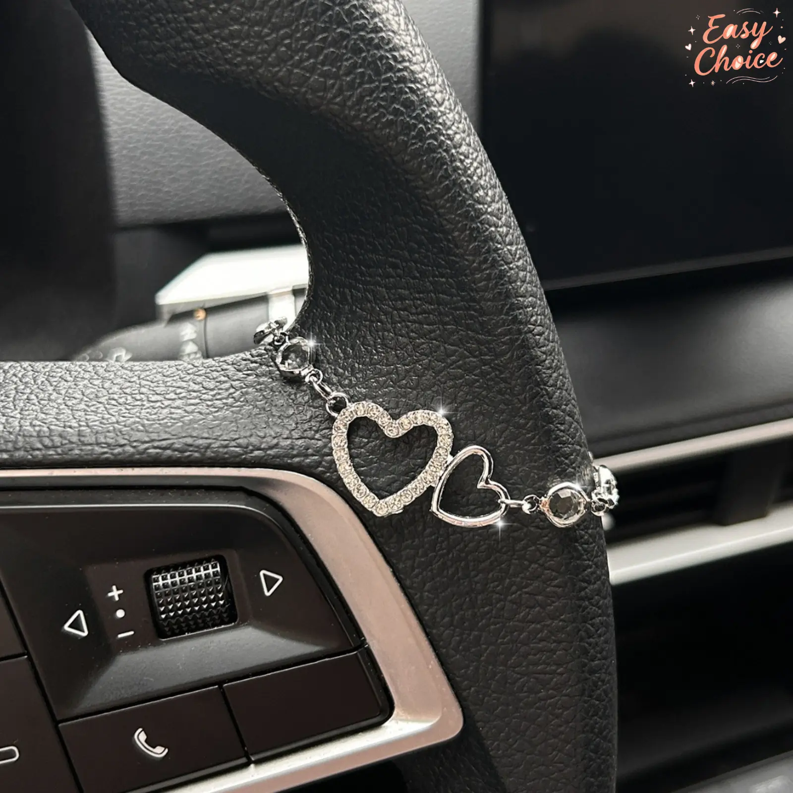 Luxury Rhinestone Double Heart Car Steering Wheel Decor Chain, Sparkly Crystal Rearview Mirror Hanging Ornament, Elegant Bling Auto Interior Pendant Accessories For Women