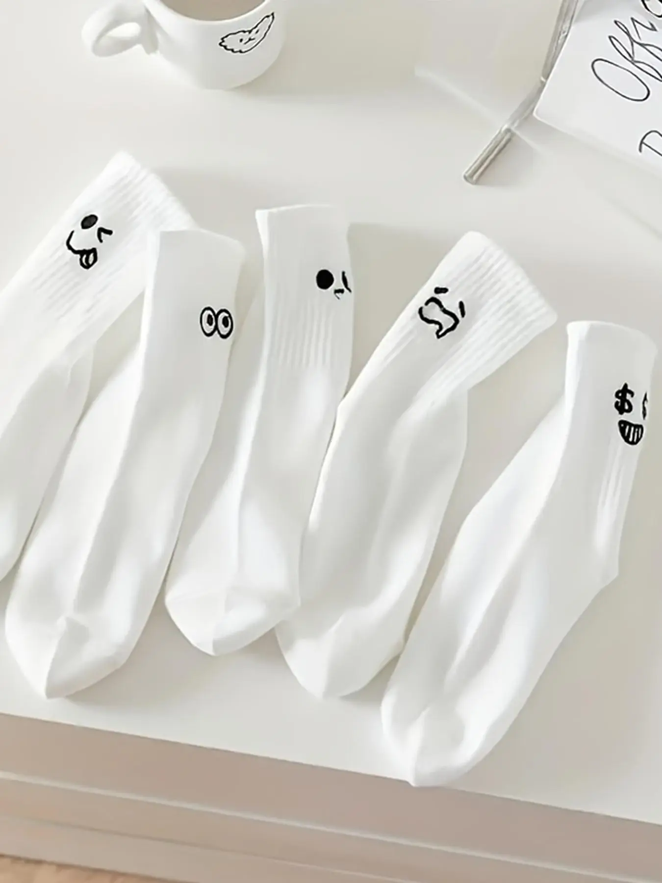 5 Pairs Women's Sports Socks, Cartoon Expressions, Unisex, All Seasons, Elastic, Comfortable, Breathable, Odor-Resistant