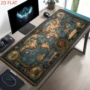 2D Flat 1pc Large Size Esports Gaming Mouse Pad, Retro Style World Map Full of Sailing Ships And Nautical Elements, Non-Slip, Washable Rubber Bottom Large Desk Mat Office Desk Accessory