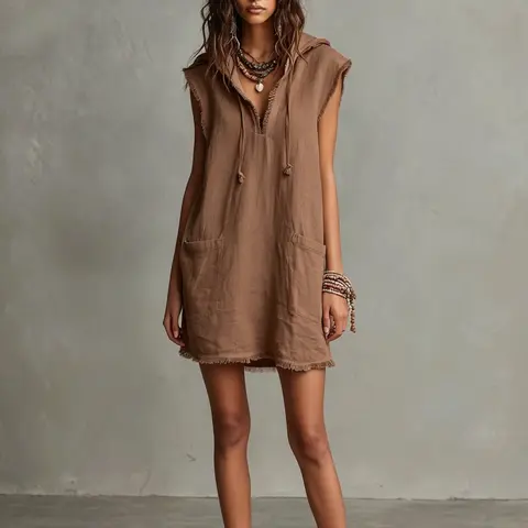Minimalist Lightweight Linen Blend Sleeveless Dress with Hat, Summer V-Neck Frayed Edge Short Mini Dress, Women's Vacation