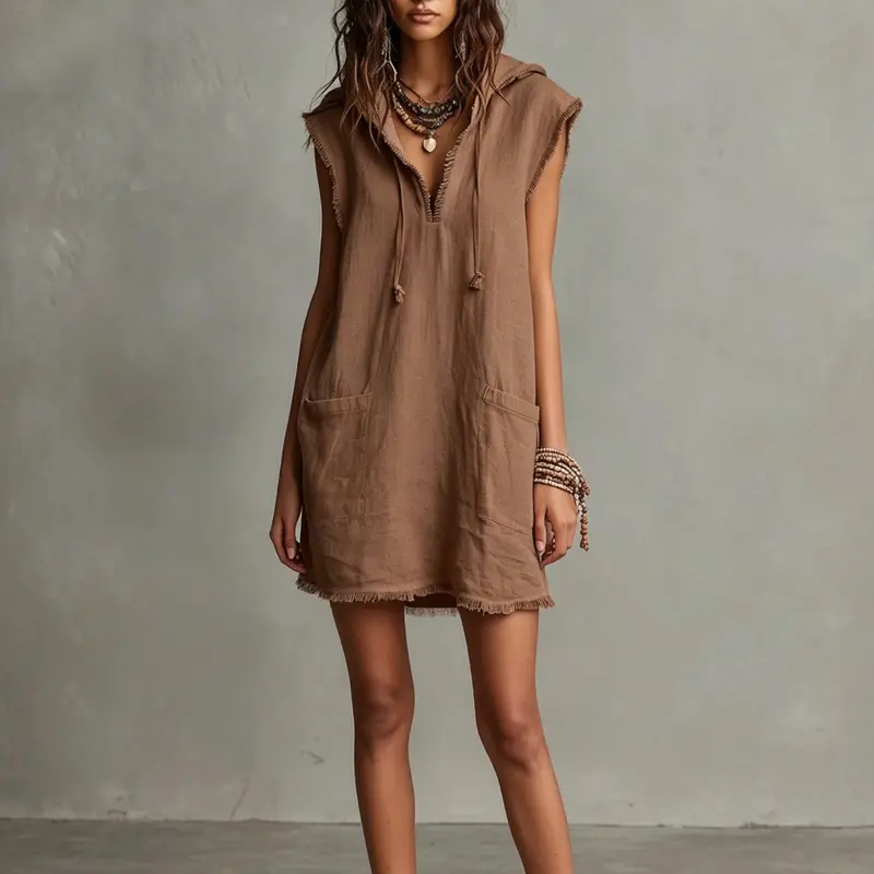 Minimalist Lightweight Linen Blend Sleeveless Dress with Hat, Summer V-Neck Frayed Edge Short Mini Dress, Women's Vacation