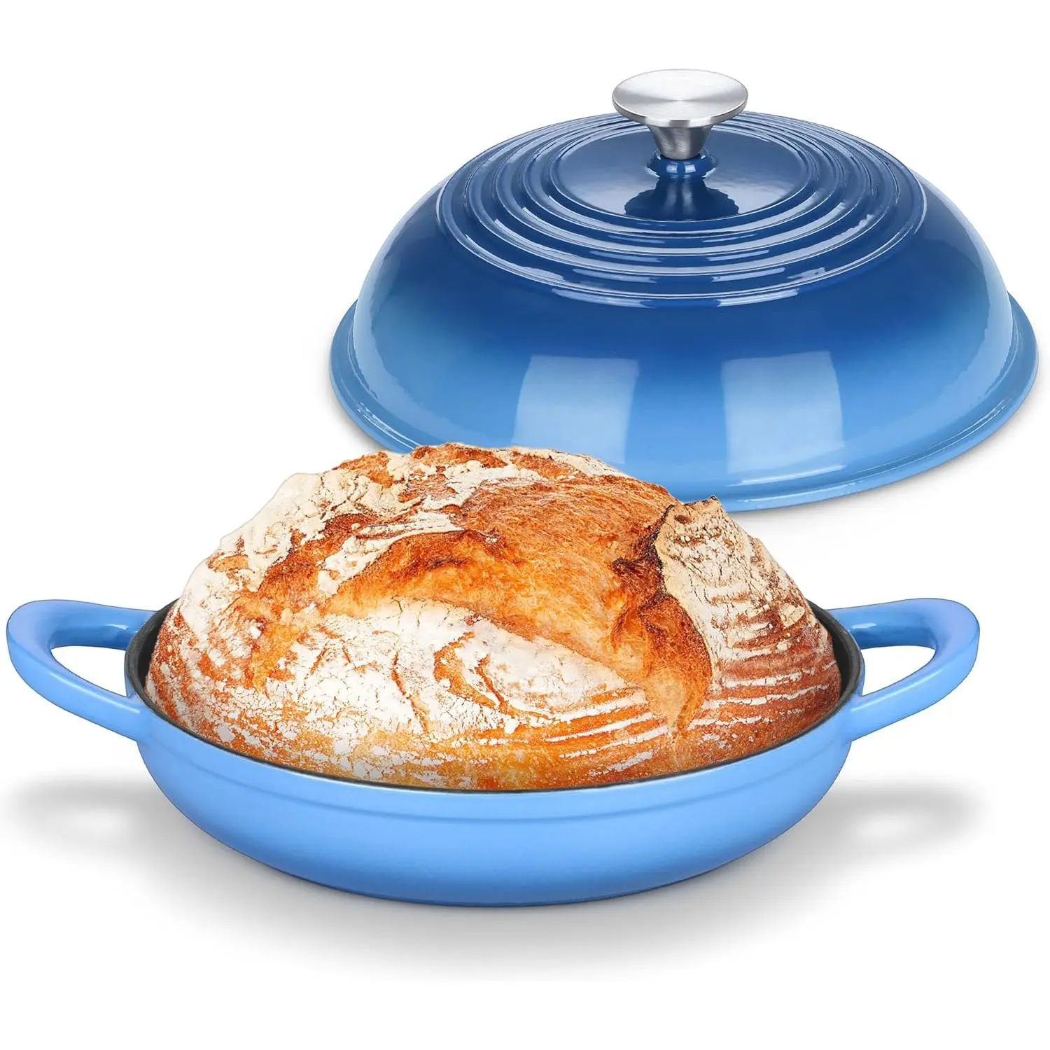 Dutch Oven for Bread Baking, Enameled Cast Iron Pot with Lid, Blue |     Heavy Duty 10" Sourdough Bake Pan with Dome Lid, Even Heat, 500 ℉     Oven-safe, Kitchen Bakeware for Slow-Cooking Roasting, 5.5QT