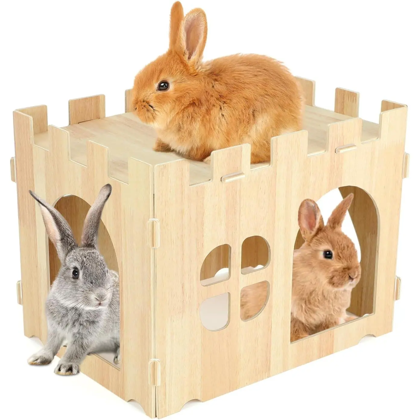 Large Wooden Rabbit House and Hideouts Bunny Castle Detachable Small Animal Play Hideaway Rabbit Hideout Cage Accessories for Indoor Adult Rabbit Guinea Pig Chinchilla Habitat