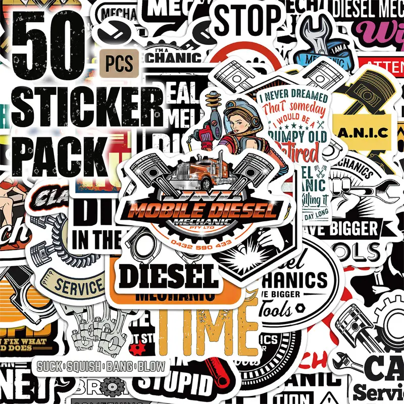 50pcs*5packs Diesel Mechanic Aesthetic Vinyl Stickers Pack for Laptop Water Bottle Phone Case Skateboard Journal Scrapbook DIY Decoration